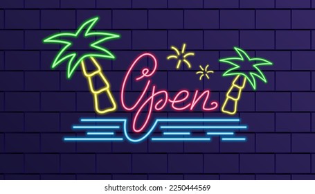 Open neon sign with neon beach and palm trees on a brick wall, neon art, glowing electric light symbol, vector elements.