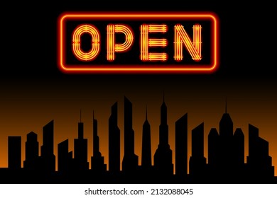 open neon sign cityscape panorama silhouette background vector