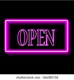 Open Neon Sign. Glowing frame. Vector Illustration