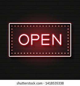 Open Neon Sign. Ready For Your Design, Greeting Card, Banner. Vector Illustration