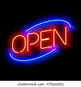 Open neon sign with reflection. Vector illustration.