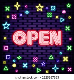 Open Neon sign. Neon script. Neon text. Bright colored vector. Vector Illustration