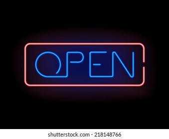 Open neon sign. Vector