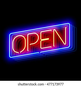 Open neon sign. Vector illustration.