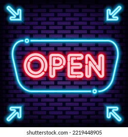 Open Neon Sign Vector. Neon script. Night bright advertising. Isolated on black background. Vector Illustration