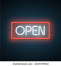 Open neon signboard. Vector illustration.