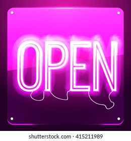 Open. Neon signboard. Word on glass board. Inscription to login. Retro sign for club, cafe, restaurant, store, shop. Lamp in form of text. Vector illustration