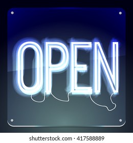 Open. Neon signboard. Word on glass board. Inscription to login. Retro sign for club, cafe, restaurant, store, shop. Lamp in form of text. Vector illustration