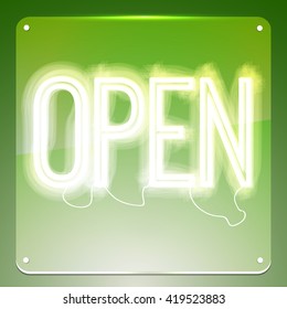 Open. Neon signboard. Word on glass board. Inscription to login. Retro sign for club, cafe, restaurant, store, shop. Lamp in form of text. Vector illustration
