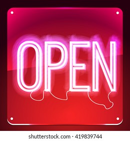 Open. Neon signboard. Word on glass board. Inscription to login. Retro sign for club, cafe, restaurant, store, shop. Lamp in form of text. Vector illustration