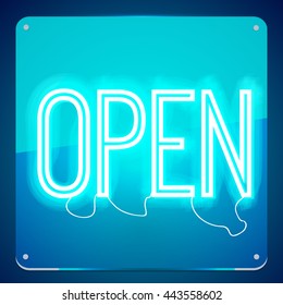 Open. Neon signboard. Word on glass board. Inscription to login. Retro sign for club, cafe, restaurant, store, shop. Lamp in form of text. Vector illustration