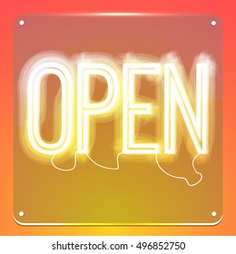 Open. Neon signboard. Word on glass board. Inscription to login. Retro sign for club, cafe, restaurant, store, shop. Lamp in form of text. Vector illustration