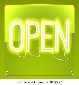 Open. Neon signboard. Word on glass board. Inscription to login. Retro sign for club, cafe, restaurant, store, shop. Lamp in form of text. Vector illustration
