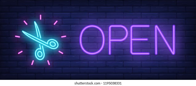 Open neon text with shining scissors. Hairdressing salon, style, fashion and advertisement design. Night bright neon sign, colorful billboard, light banner. Vector illustration in neon style.