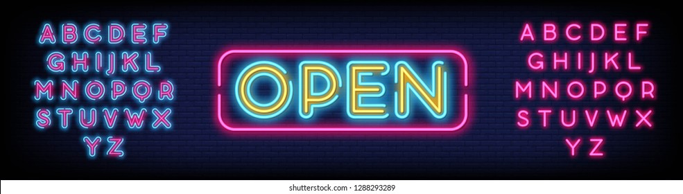 Open  Neon Text Vector and a brick wall background vector illustration. Editing Text Neon Signs