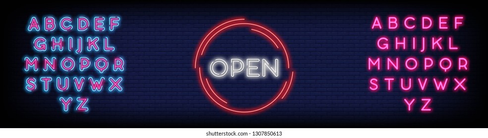 Open  Neon Text Vector and a brick wall background Vector illustration.Editing Text Neon Sign