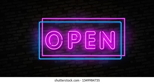 Open neon text vector design template. Now Open neon logo, light banner design element colorful modern design trend, night bright advertising, bright sign. Vector illustration