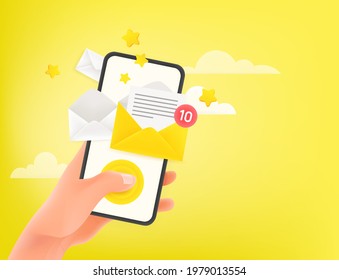 Abre nuevos mensajes de correo en el smartphone. Ilustración vectorial de estilo lindo