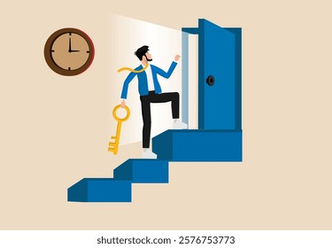 Open new opportunity door, businessman reaching top of stairway open bright light opportunity door, career development or business decision for new challenge, success and achievement secret concept