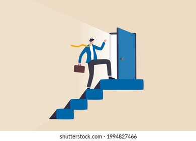 Open New Opportunity Door, Career Development Or Business Decision For New Challenge, Success And Achievement Secret Concept, Businessman Reaching Top Of Stairway Open Bright Light Opportunity Door.