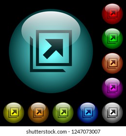 Open in new window icons in color illuminated spherical glass buttons on black background. Can be used to black or dark templates