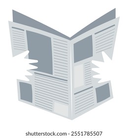 Open newspaper with hands holding, filled with articles, headlines, and visuals, a flat design symbolizing print media, reading, gaining knowledge and information.