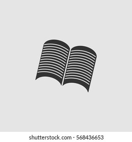 Open newspaper icon flat. Black pictogram on grey background. Vector illustration symbol
