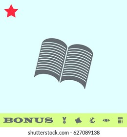 Open newspaper icon flat. Grey pictogram on blue background. Vector illustration symbol and bonus buttons medal, cow, earth, eye, calculator