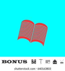 Open newspaper icon flat. Red pictogram on blue background. Vector illustration symbol and bonus buttons Music center, corkscrew, credit card, house, drum