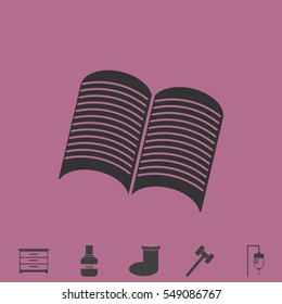 Open newspaper icon flat. Simple vector grey pictogram and bonus symbol