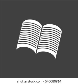 Open newspaper icon flat. Vector white illustration isolated on black background. Flat symbol