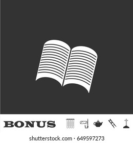 Open newspaper icon flat. White pictogram on black background. Vector illustration symbol and bonus icons