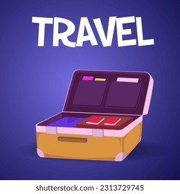 Open nice suitcase with clothes, passport, ticket and documents. Vector illustration on blue gradient background in flat style for Time to travel concept. Packing baggage, luggage, open travel bag