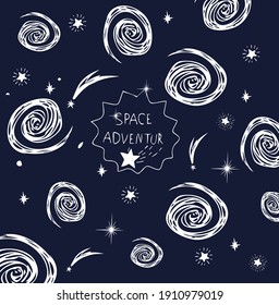 The open night sky shines with many beautiful stars. Around the shooting, sparkling stars, planets in the cosmic night sky. Vector graphics 