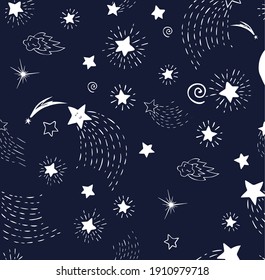 The open night sky shines with many beautiful stars. Falling, sparkling stars all around in the cosmic night sky. Vector graphics 