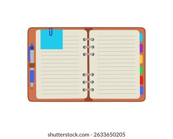 Open note pad with white lined pages, bookmarks and pen. Diary, daily planner, organizer, office and school stationery. Hand drawn vector illustration isolated on white background, flat cartoon style