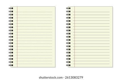 An open notebook with a blank page. The page has black horizontal lines and a pink vertical field. In a realistic style. Notebook for learning. Empty notebook. EPS 10. Vector illustrations