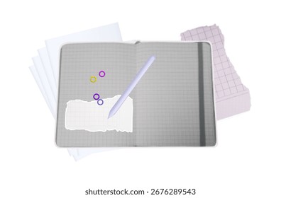Notebook mit leerer Seite und Stift öffnen. Lernen, Wissen, Schreiben mit Kugelschreiber. Leeres Blatt im Notizbuch mit leeren Blättern, zerrissenes Blatt Papier als Lesezeichen. Zeitgenössische Collage-Kunst, Halbton.