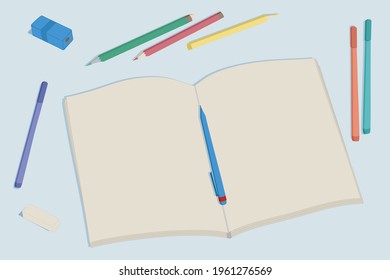 Open notebook with blank pages, background for your design, school supplies, creatives start to create around. Vector cartoon flat illustration on a white background.