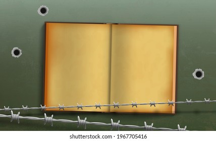 Open notebook with blank pages. Book template on the background of military barbed wire and bullet holes. Vector illustration.