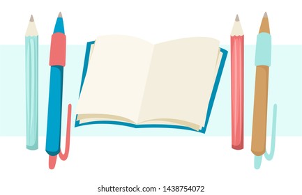 Open notebook or book with blank pages, background for your design, school supplies, creatives start to create. Vector cartoon flat illustration on a white background.