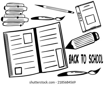 Open notebook with book, pen, pencil. Background for your design, school supplies. Back to school vector illustration on a white background.