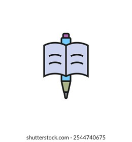 An open notebook or book with a pen or pencil. Vector icon and logo.