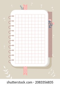 An open notebook. Bookmark and flowers between pages. Vector Illustration in flat style