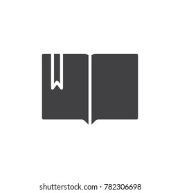 Open notebook with bookmark icon vector, filled flat sign, solid pictogram isolated on white. Book symbol, logo illustration.