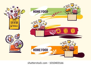 Open notebook, box with recipe ingredient. Template banner, logo for fast food delivery. Homemade cuisine for home, office. Vector illustration
