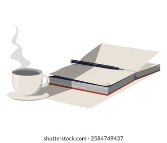 Open Notebook With Coffee Cup And Steam In Flat Vector Illustration Symbolizing Writing, Creativity, And Morning Routine, Isolated On White Background.