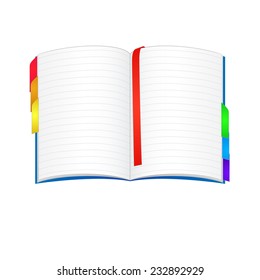 Open notebook with colorful bookmarks
