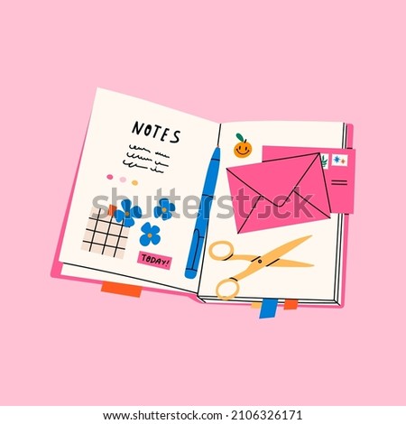 Open Notebook. Colorful organizer. Diary with stickers, bookmarks, notes, scissors, envelope, pen. Hand drawn modern Vector illustration. Isolated on pink background