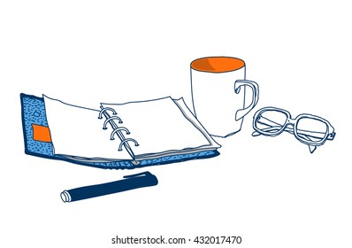 Open notebook, cup, glasses and marker. Vector hand-drawn sketch.